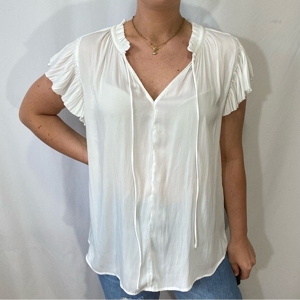 Current Air Margot Off White Pleated Sleeve V Neck Blouse Size Large